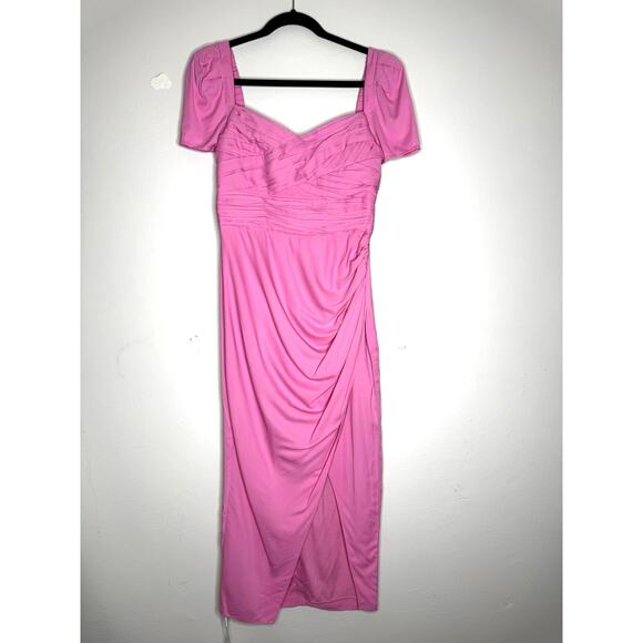 Self-Portrait Pink  Iris Puff-Sleeve Stretch Crepe Gathered Midi-Dress US 4 - Picture 11 of 14
